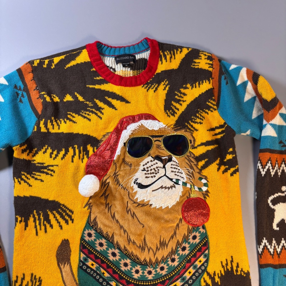 Blizzard Bay Ugly Christmas Sweater Lion Santa Hat Sunglasses Candy‎ Cane M